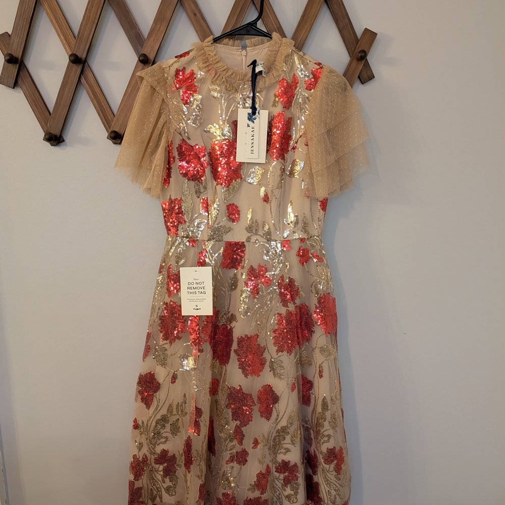 JessaKae Anna Floral Sequin Dress with Tulle Sleeves